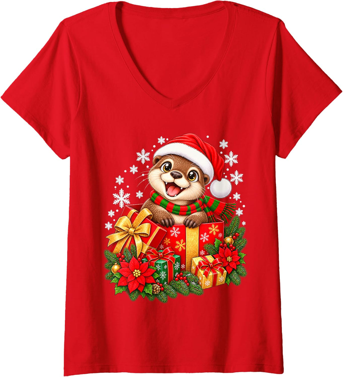 Women's Cute Christmas Octopus Santa Hat Winter Holiday V-Neck T-Shirt - Red
