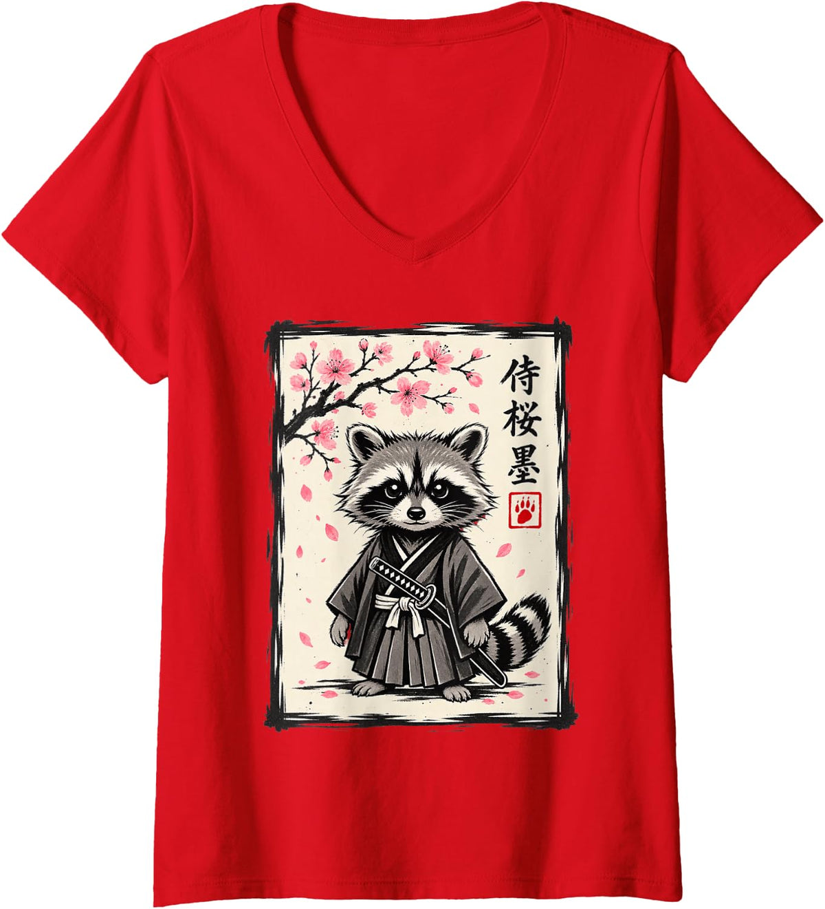 Women's Funny Samurai Raccoon Sakura Japanese Kawaii Trash Panda V-Neck T-Shirt - Red