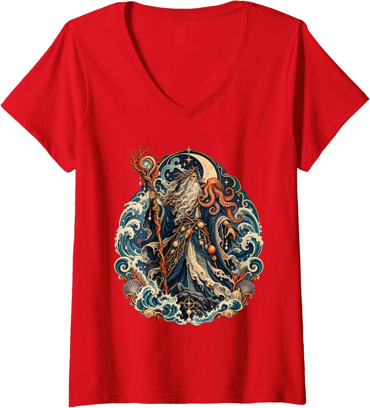 Women's Sea Sorcerer Octopus Ocean Magic Fantasy Wizard V-Neck T-Shirt - Red
