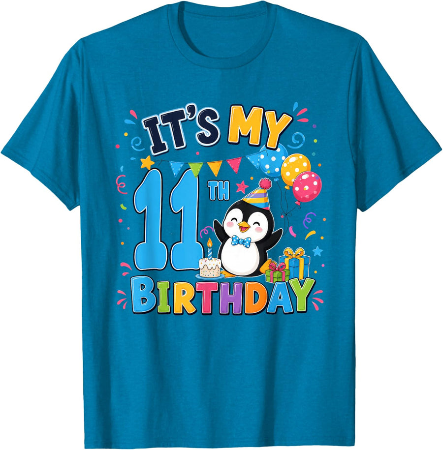Penguin Lover 11 Year Old Birthday It's My 11th Birthday T-Shirt - Sapphire Blue