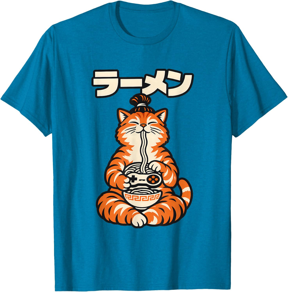 Ramen Samurai Cat Slurping Noodles Gaming T-Shirt - Sapphire Blue