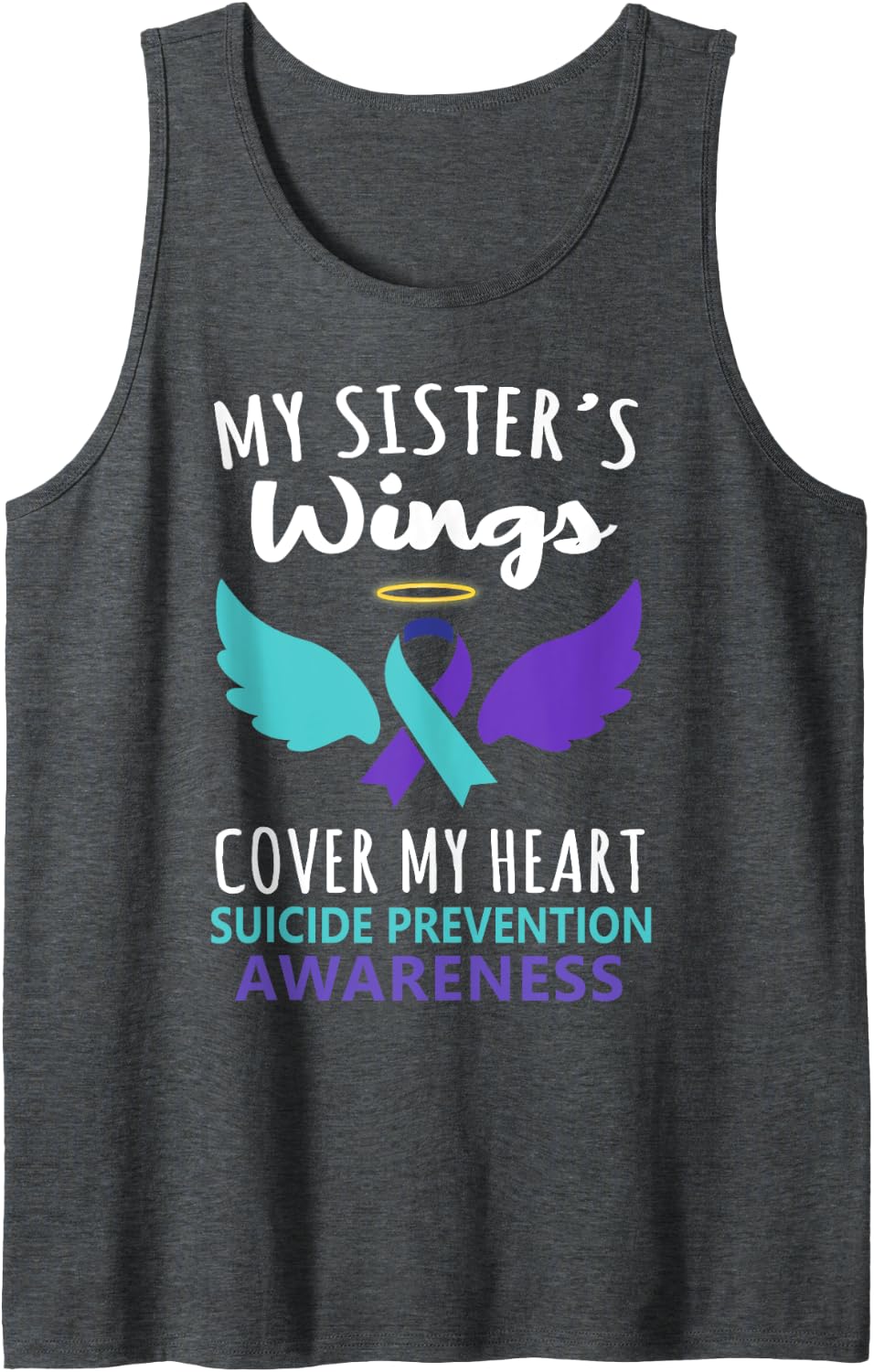 My Sister's Wings Cover Heart Suicide Awareness Ribbon Tank Top - Dark Heather Grey