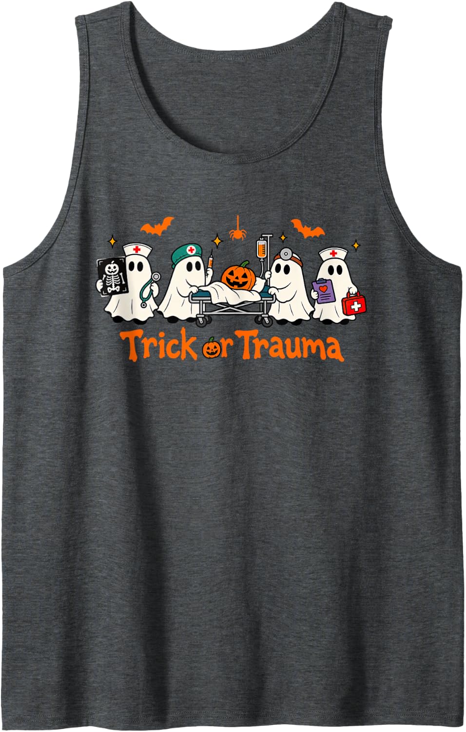 Halloween Nurse Ghost RN ER Nursing Trick Or Trauma Sleeveless Tank Top - Dark Heather Grey