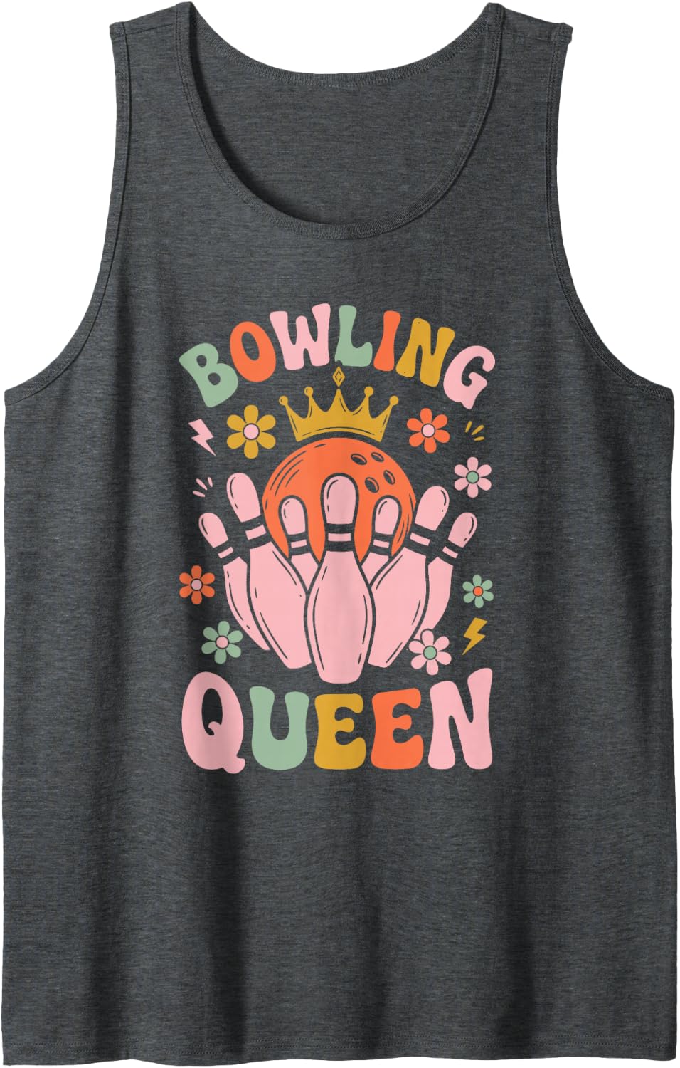 Bowling Queen Bowling Player Pins Bowler Girls Women Groovy Sleeveless Tank Top - Dark Heather Grey