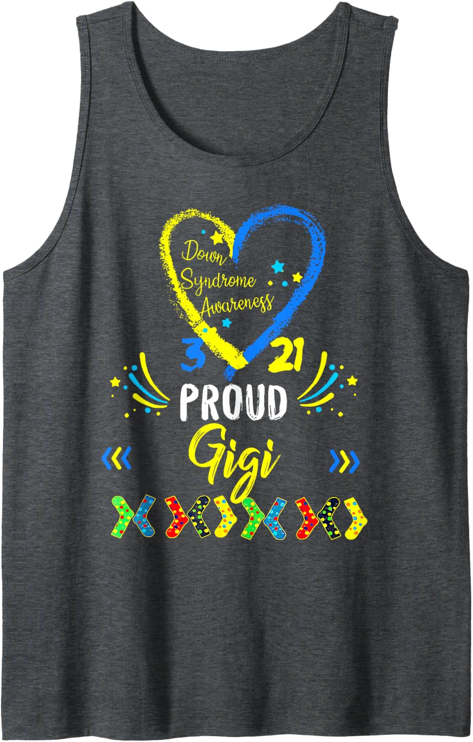Proud Gigi T21 Down Syndrome Awareness Day Ribbon Sleeveless Tank Top - Dark Heather Grey
