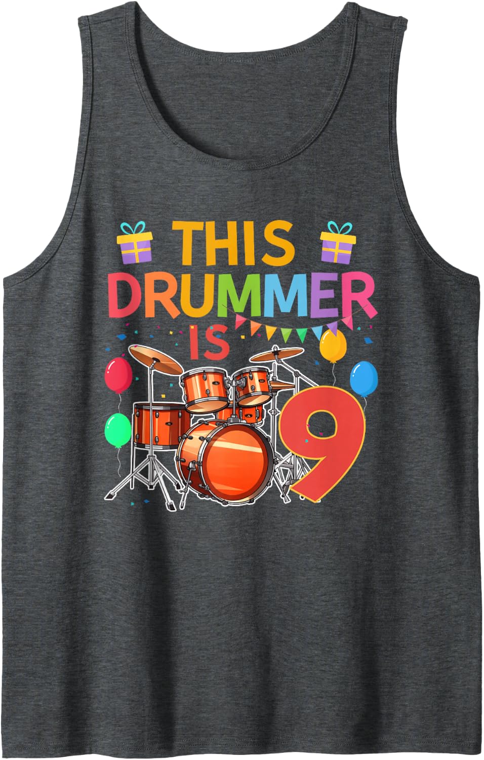 This Drummer is 9 Year Old Birthday Drum Set Drumming Sleeveless Tank Top - Dark Heather Grey