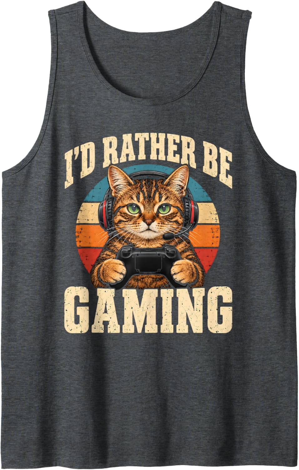 I'd Rather Be Gaming Funny Cat Gamer Controller Saying Sleeveless Tank Top - Dark Heather Grey