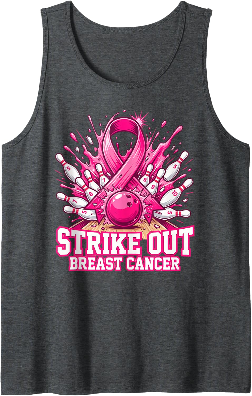 Strike Out Breast Cancer Awareness Bowling Pink Ribbon Sleeveless Tank Top - Dark Heather Grey