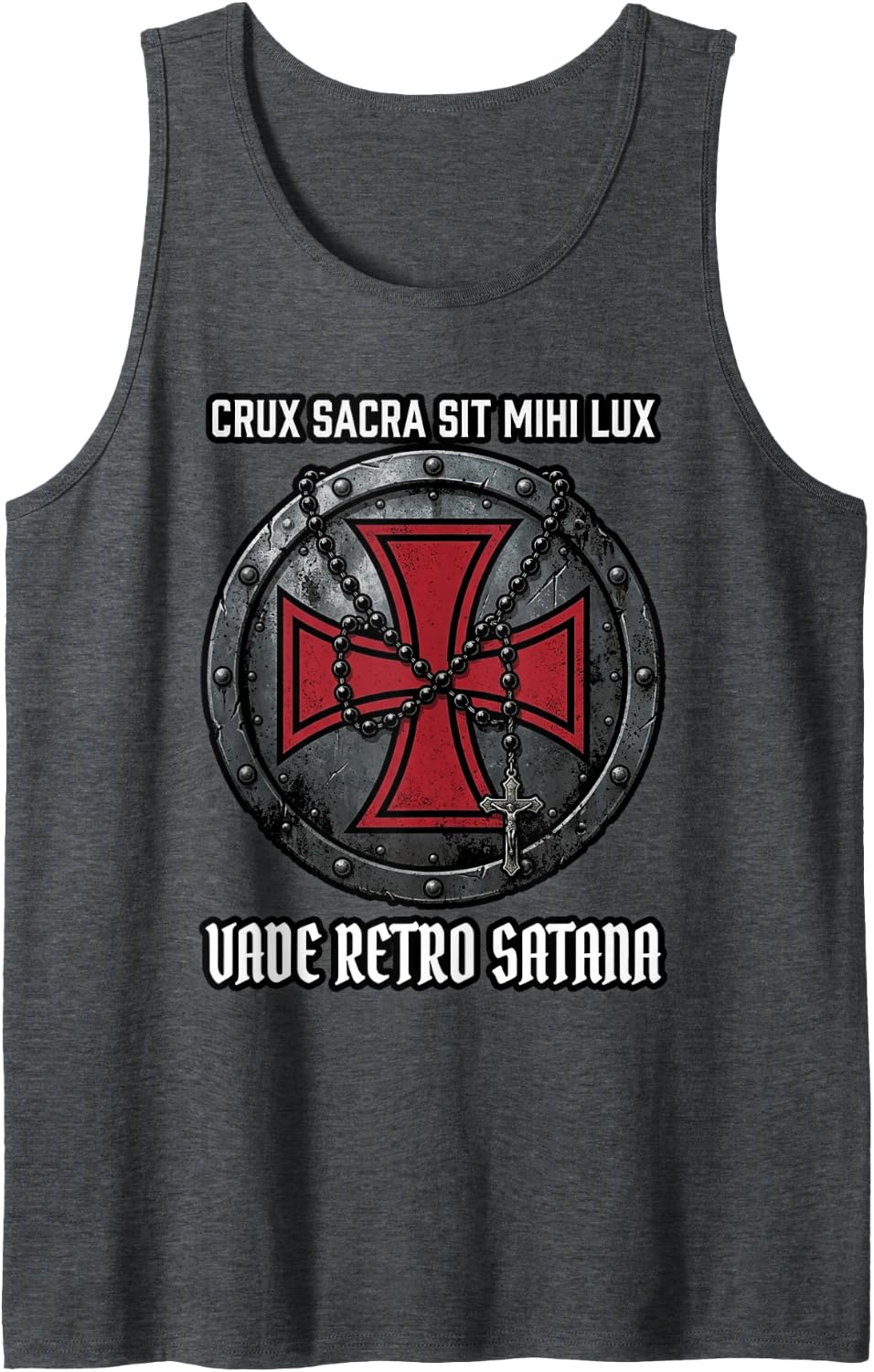 Knights Templar Cross Rosary Shield Catholic Sleeveless Tank Top - Dark Heather Grey