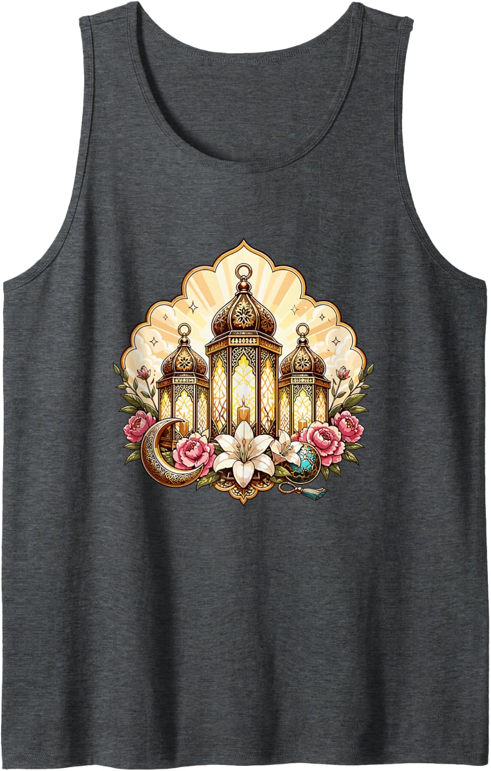 Ramadan Kareem Islamic Lantern Crescent Florals Tank Top - Dark Heather Grey