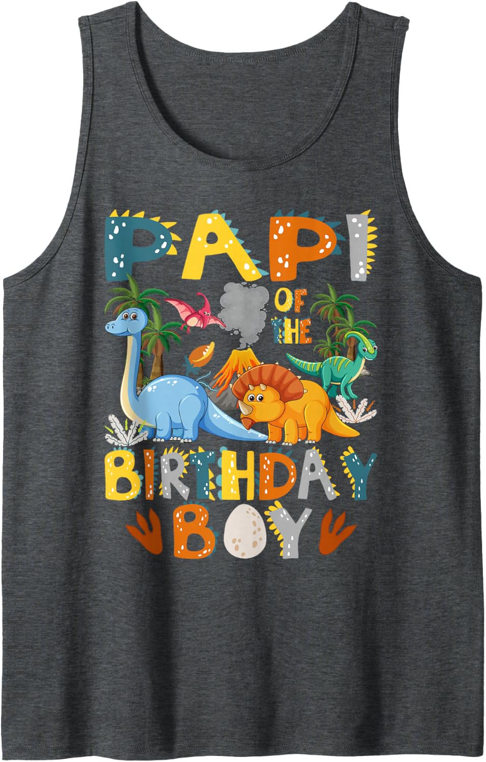 Papi of The Birthday Boy T-Rex Dinosaur Bday Party Sleeveless Tank Top - Dark Heather Grey