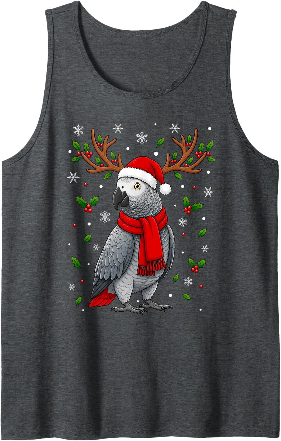 Cute Reindeer Santa Hat Grey Parrot Christmas Sleeveless Tank Top - Dark Heather Grey