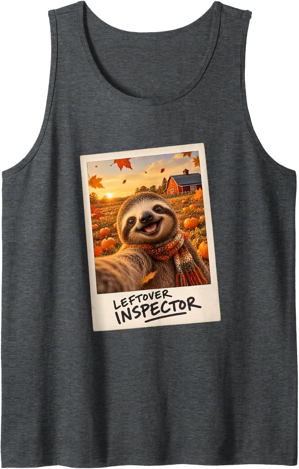 Leftover Inspector Sloth Selfie Thanksgiving Sleeveless Tank Top - Dark Heather Grey