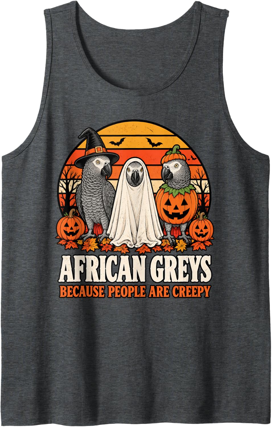 African Greys Because People are Creepy Halloween Parrot Sleeveless Tank Top - Dark Heather Grey