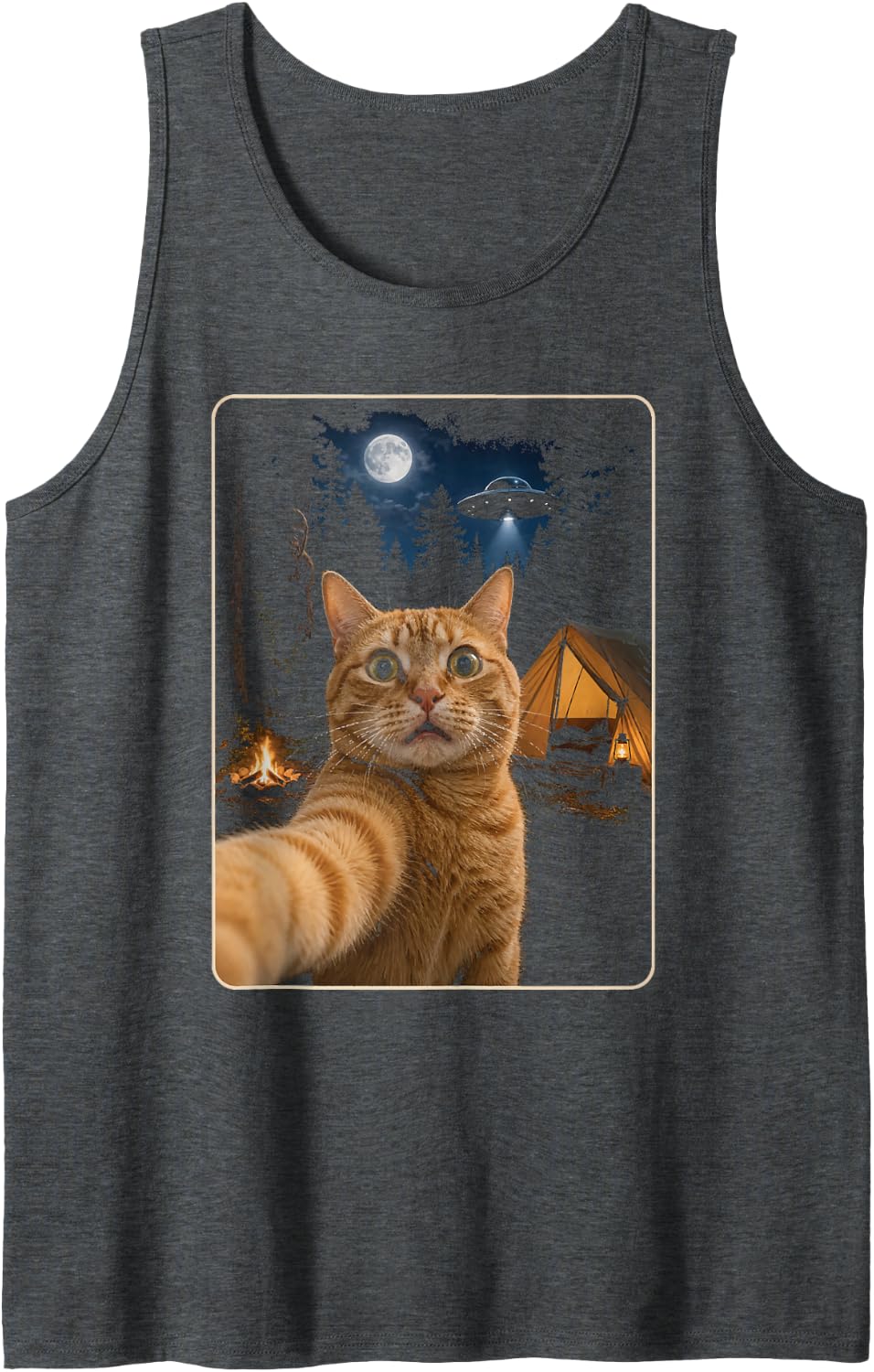 Funny Cat Selfie Bigfoot UFO Alien Sasquatch Ginger Camping Sleeveless Tank Top - Dark Heather Grey