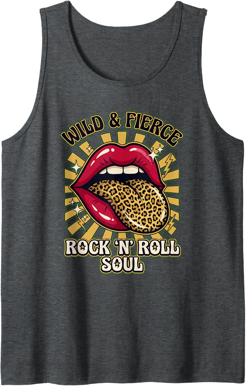 Wild and Fierce Rock Music Soul Leopard Lips Graphic Tank Top - Dark Heather Grey