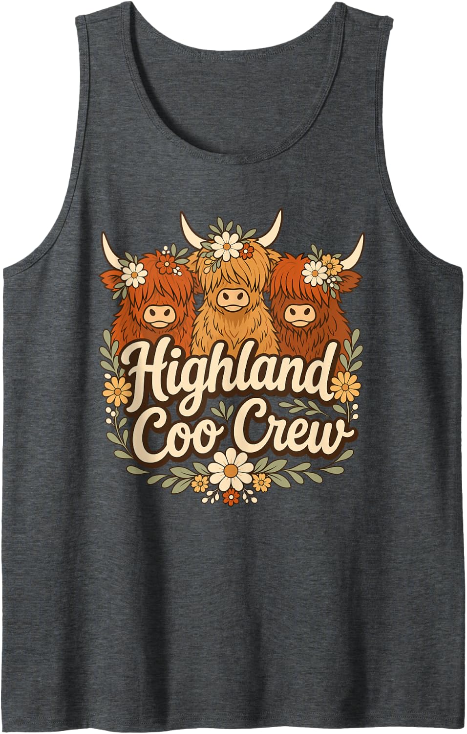 Highland Coo Crew Flower Scottish Cow Sleeveless Tank Top - Dark Heather Grey