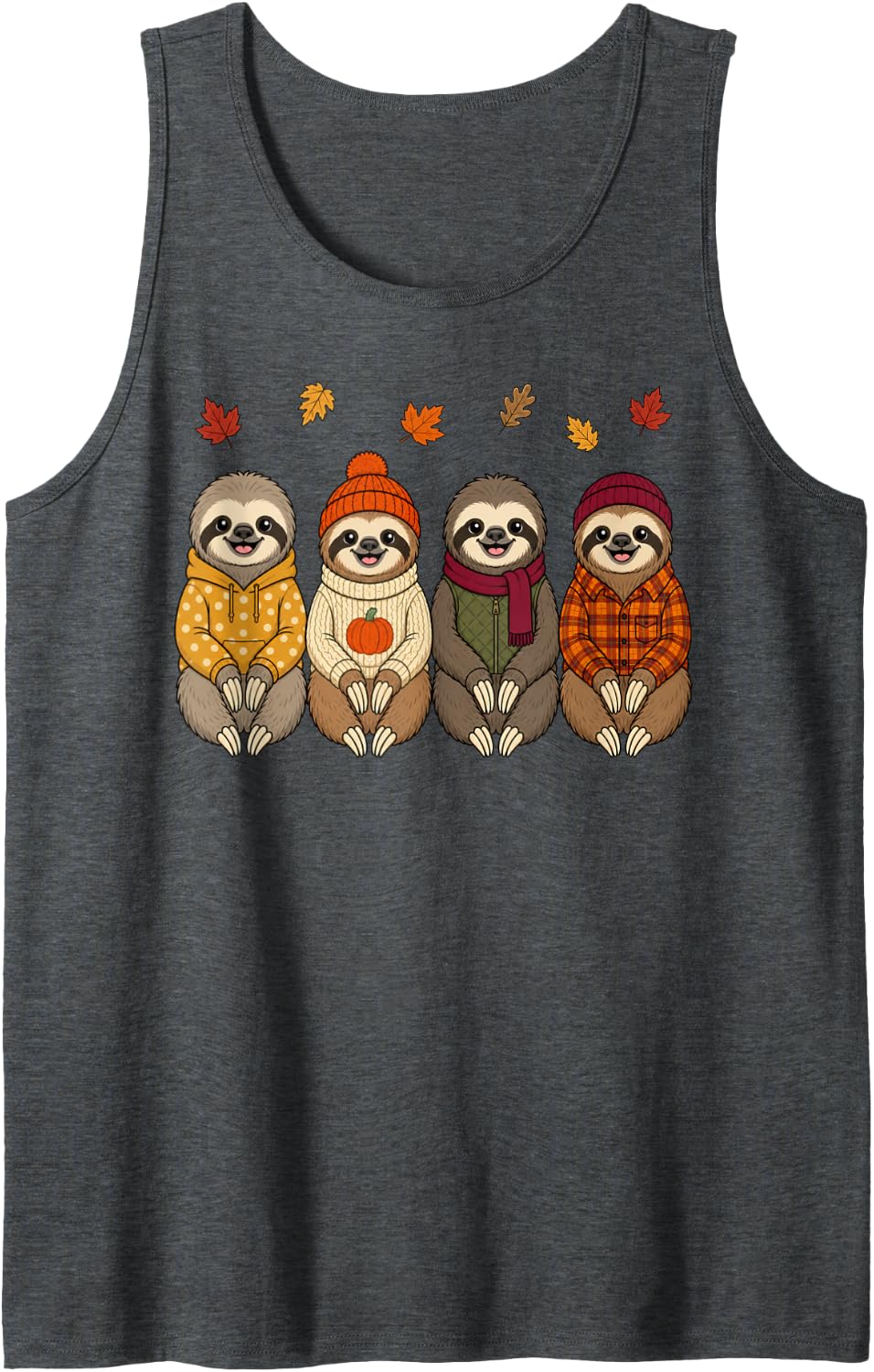 Sloth Fall Autumn Season Pumpkin Sleeveless Tank Top - Dark Heather Grey