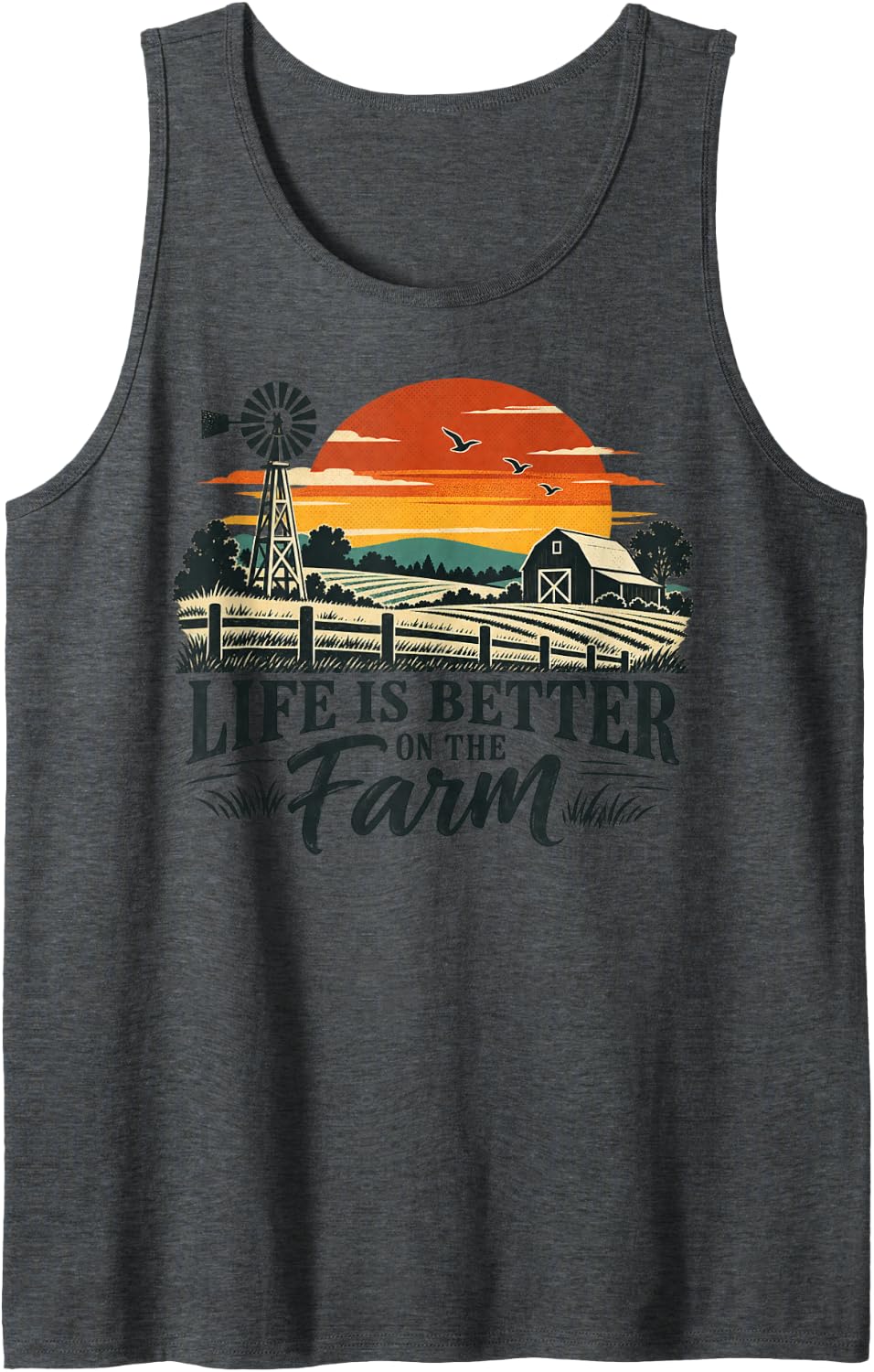 Life is Better on the Farm Retro Country Landscape Sleeveless Tank Top - Dark Heather Grey