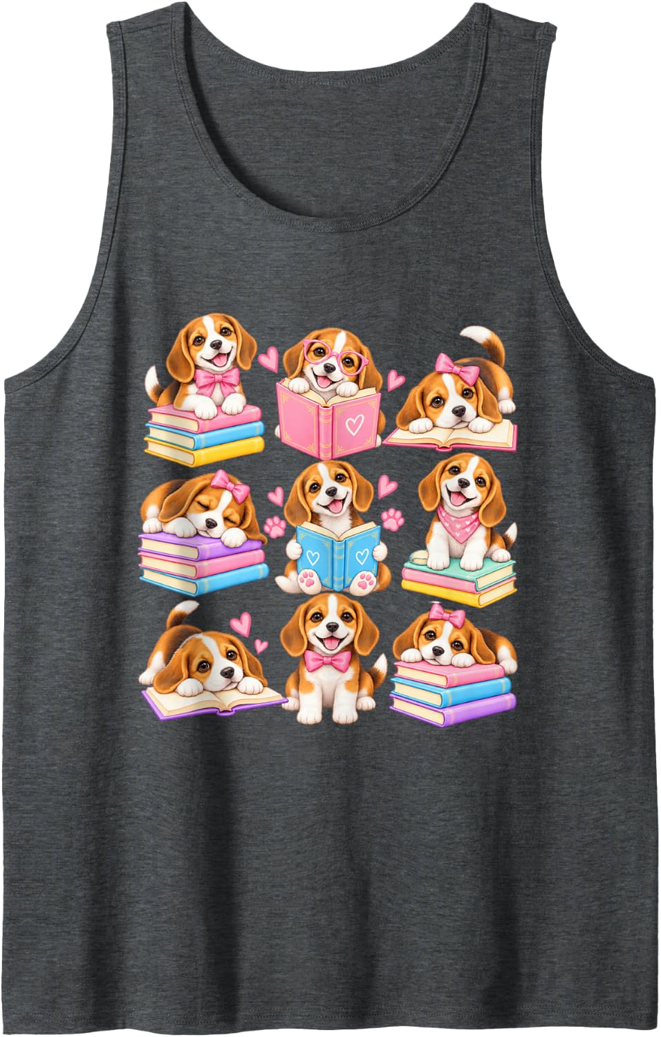 Beagle Reading Books Sleeveless Tank Top - Dark Heather Grey