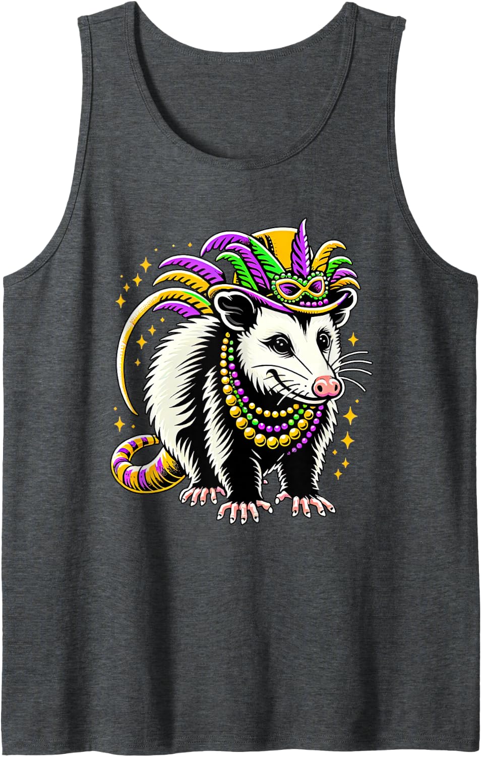 Funny Opossum Mardi Gras Possum in Mask and Beads Mardi Gras Sleeveless Tank Top - Dark Heather Grey