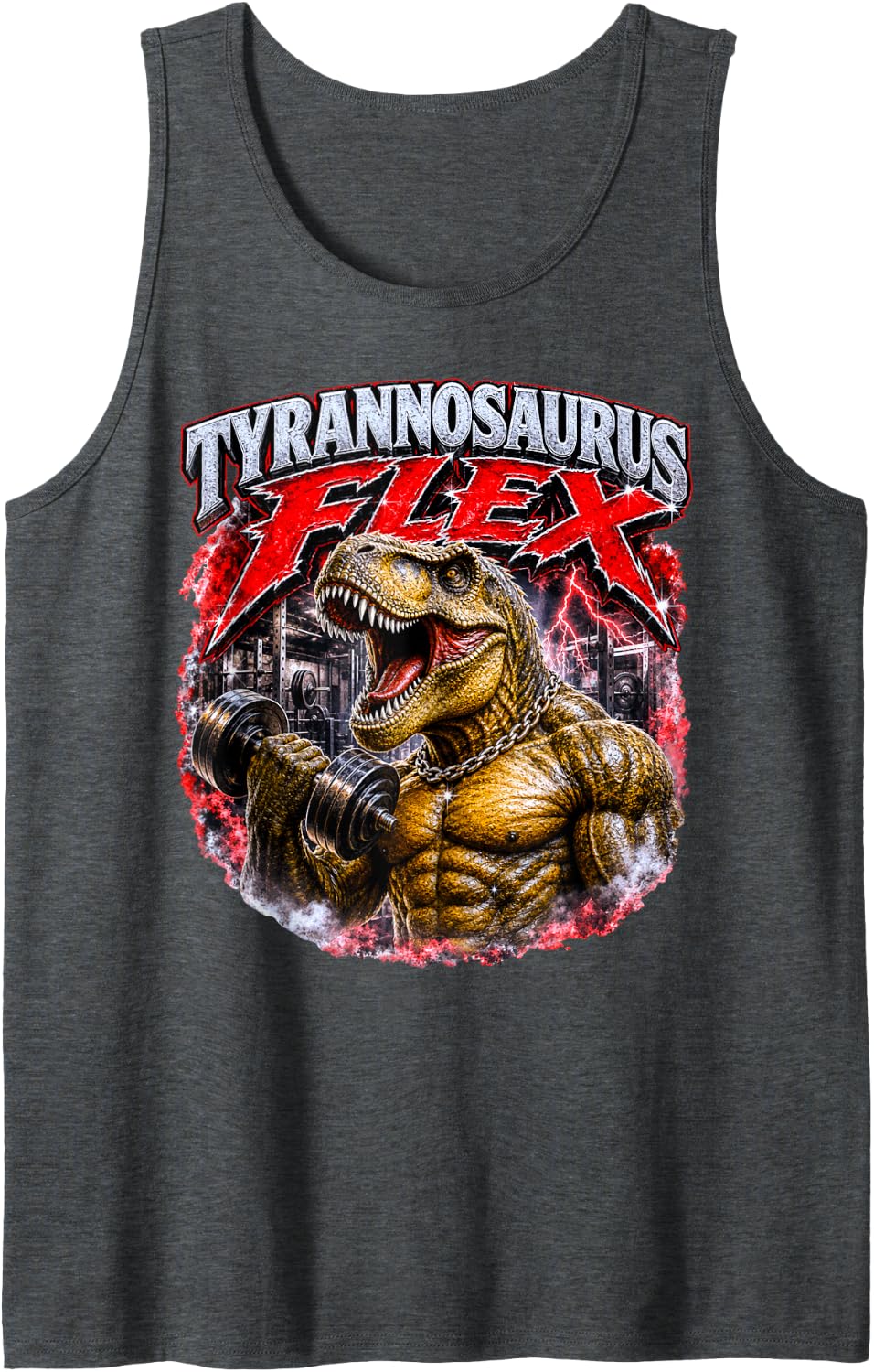 Funny Tyrannosaurus Flex Ironic Bodybuilding Gym Meme Tank Top - Dark Heather Grey