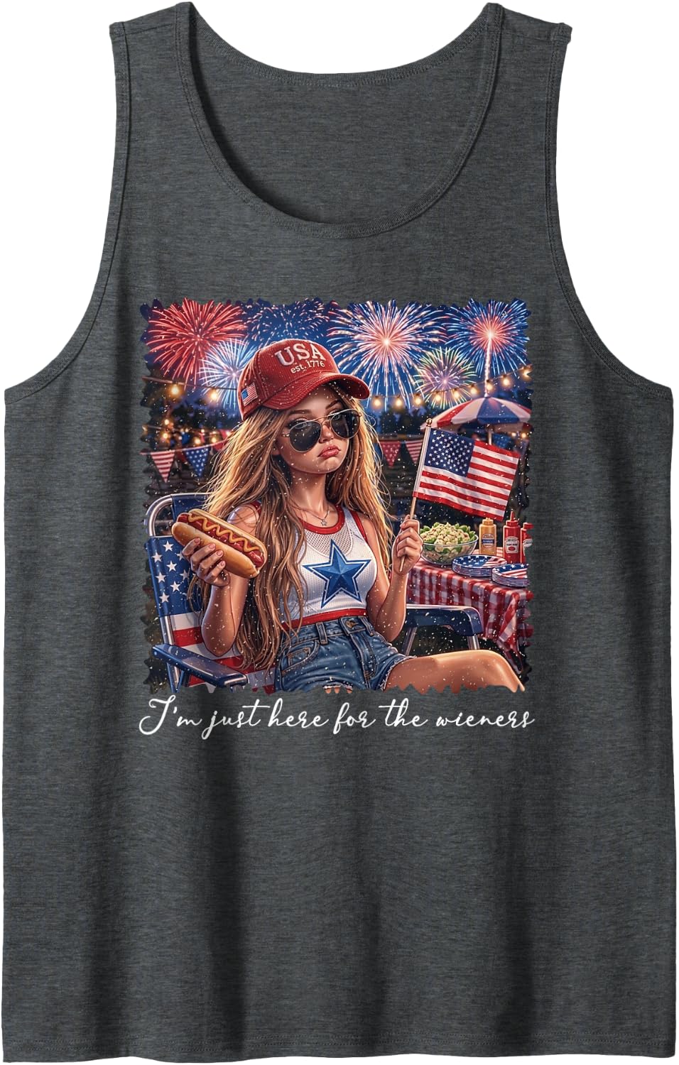 I'm Just Here for The Wieners Funny Doll Face Meme July 4th Tank Top - Dark Heather Grey
