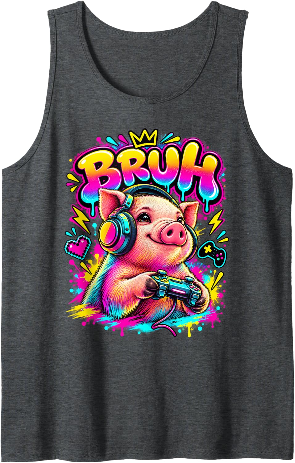 Bruh Pig Funny Video Games Boys Animal Lover Sleeveless Tank Top - Dark Heather Grey