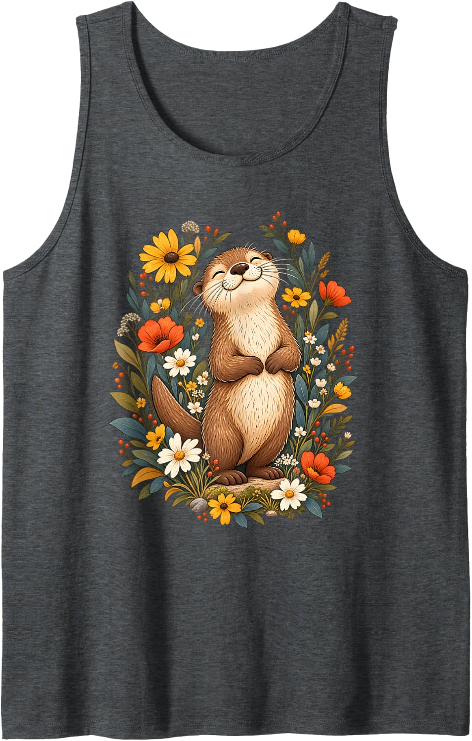Otter Lover Wildflower Wildlife Animal Sleeveless Tank Top - Dark Heather Grey
