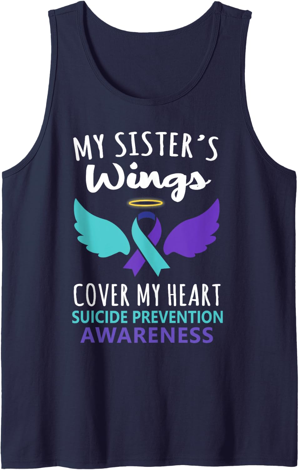 My Sister's Wings Cover Heart Suicide Awareness Ribbon Tank Top - Navy Blue