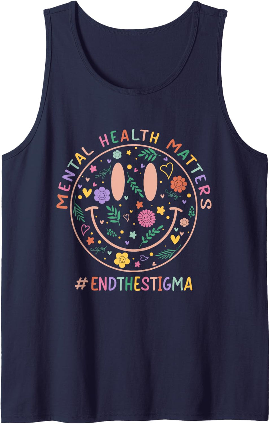 Mental Heath Matters End The Stigma Smile Face Flower Retro Tank Top - Navy Blue
