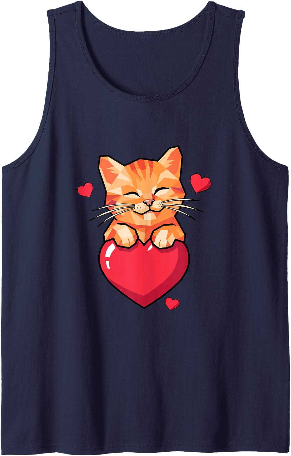 Orange Tabby Cat Hugging Red Heart Cute Ginger Kitty Sleeveless Tank Top - Navy Blue