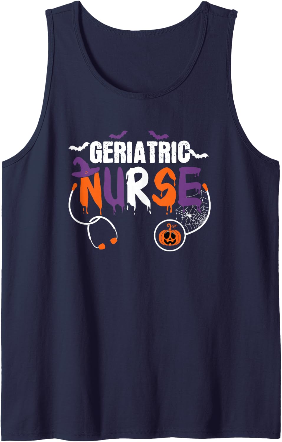 Geriatric Nurse Halloween Stethoscope Pumpkin for Men Women Sleeveless Tank Top - Navy Blue