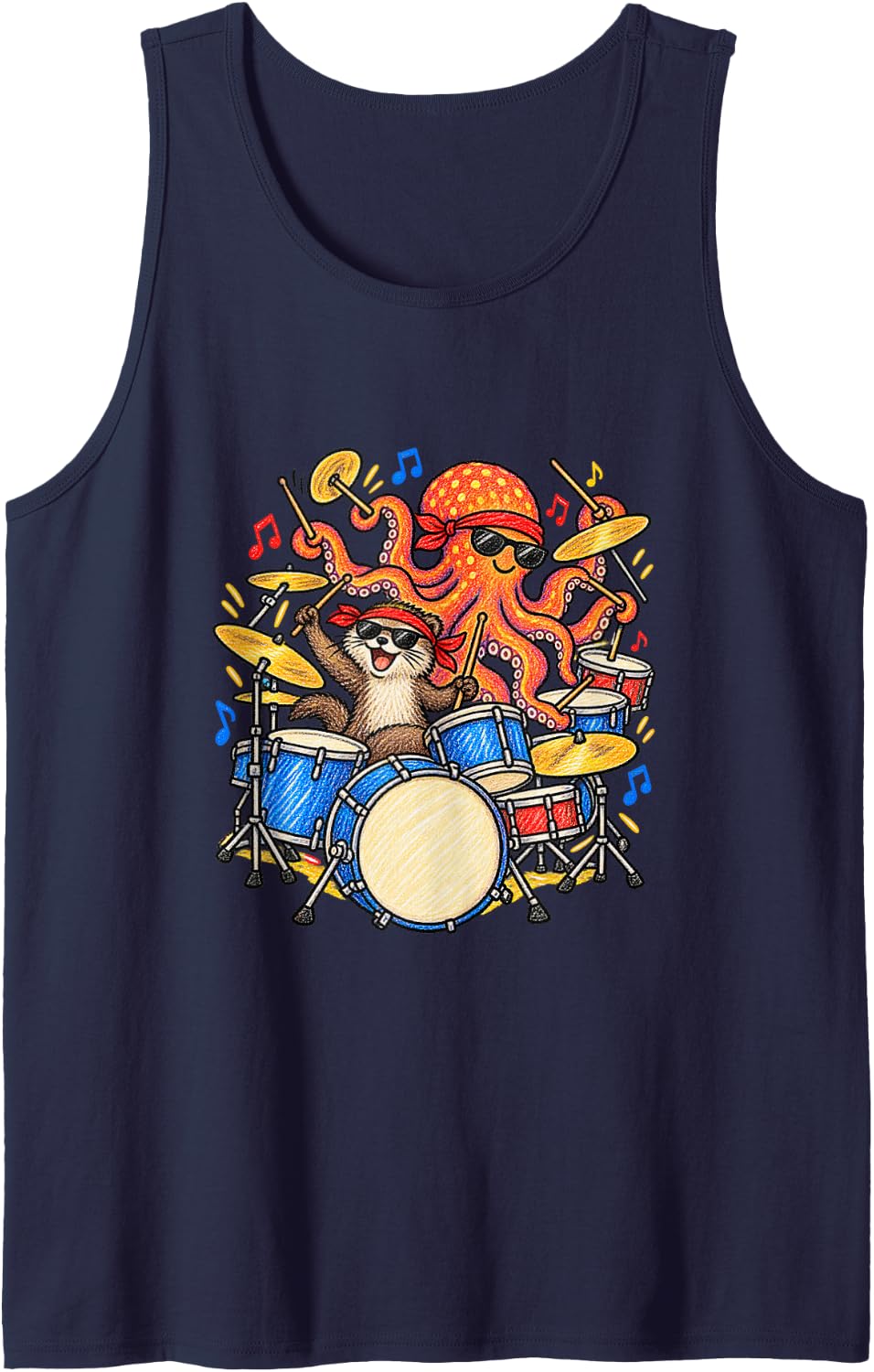 Otter Octopus Drum Solo Funny Animal Meme Sleeveless Tank Top - Navy Blue