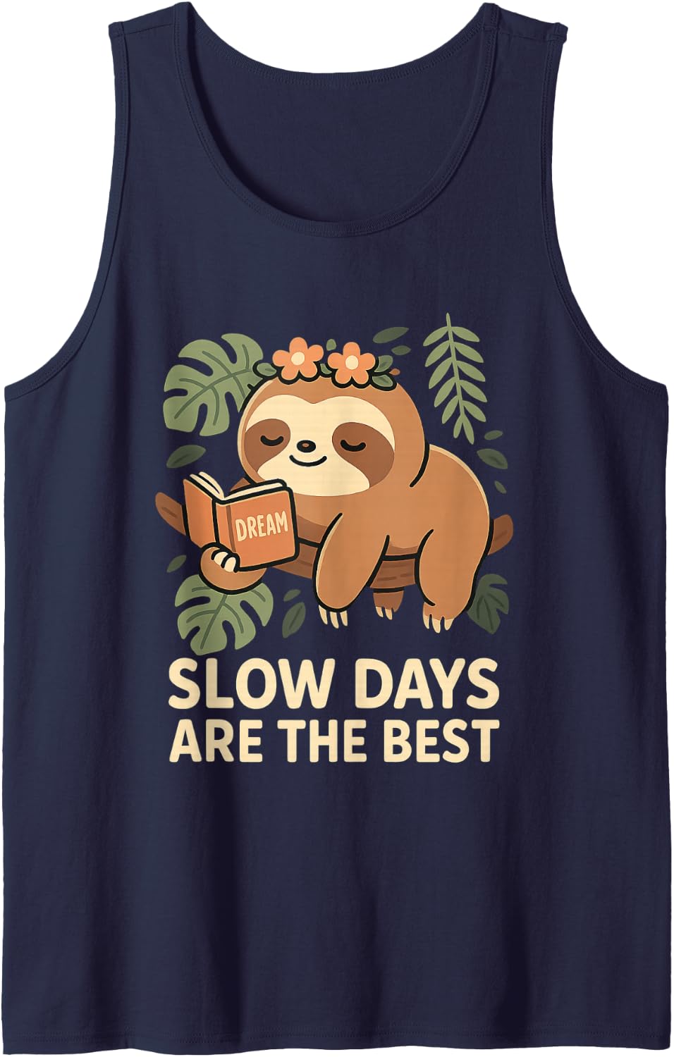 Cute Sloth Reading Slow Days are Best Funny Lazy Animal Sleeveless Tank Top - Navy Blue