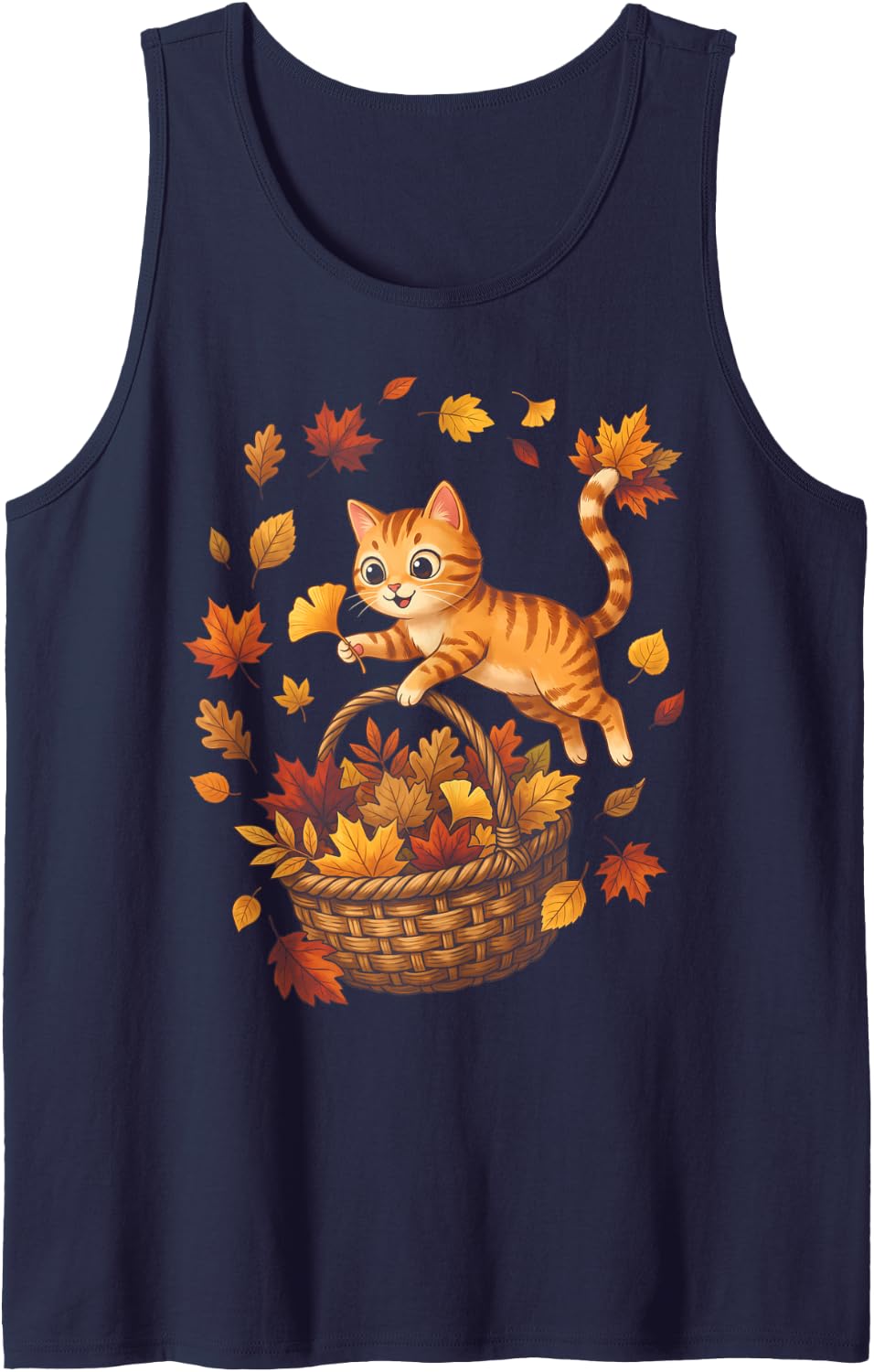 Ginger Tabby Cat Autumn Foliage Woven Basket for Men Women Sleeveless Tank Top - Navy Blue