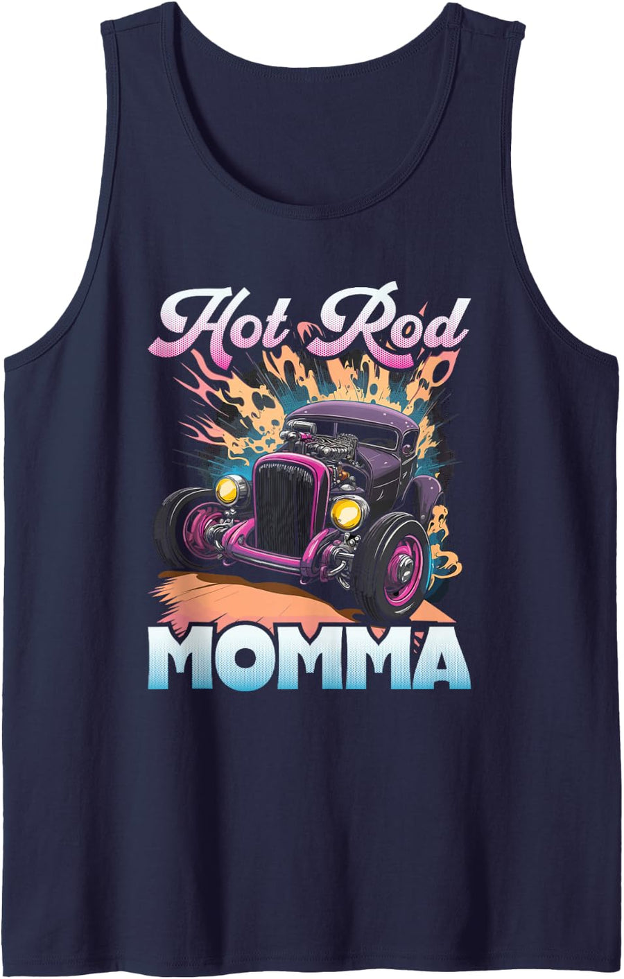 Hot Rod Momma, Retro Muscle Car Womens Hot Rod Tank Top - Navy Blue