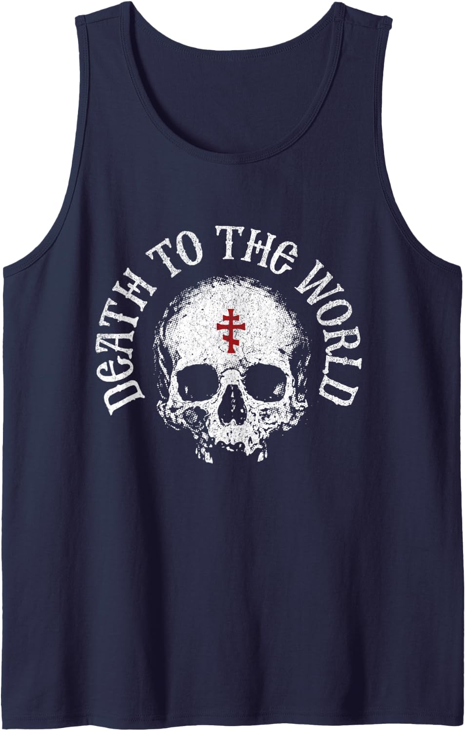 Death to The World Eastern Orthodox Christian Cross Skull Tank Top - Navy Blue