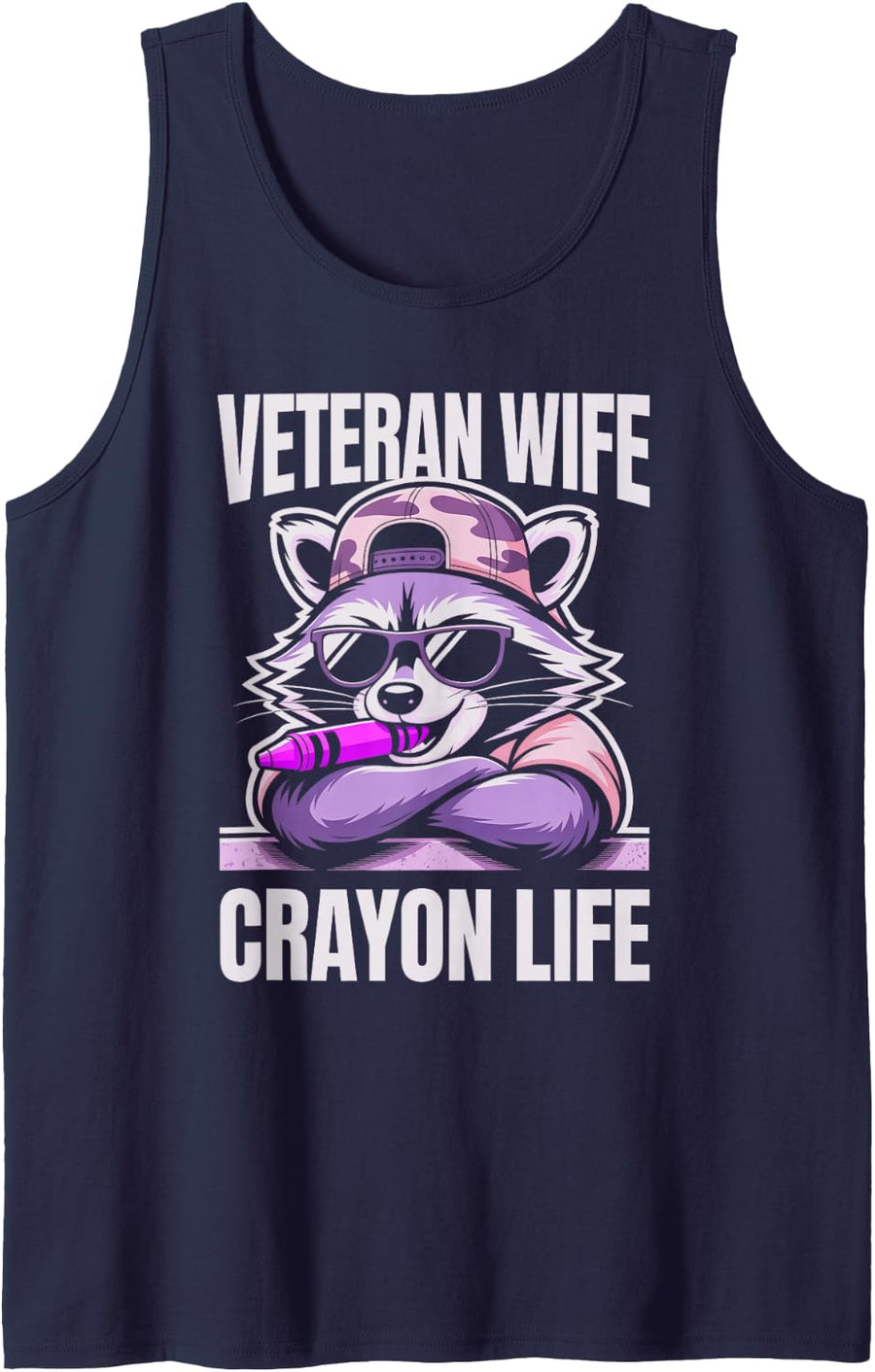 Cute Veteran Wife Crayons Life DD-214 Alumni Hero Raccoon Sleeveless Tank Top - Navy Blue