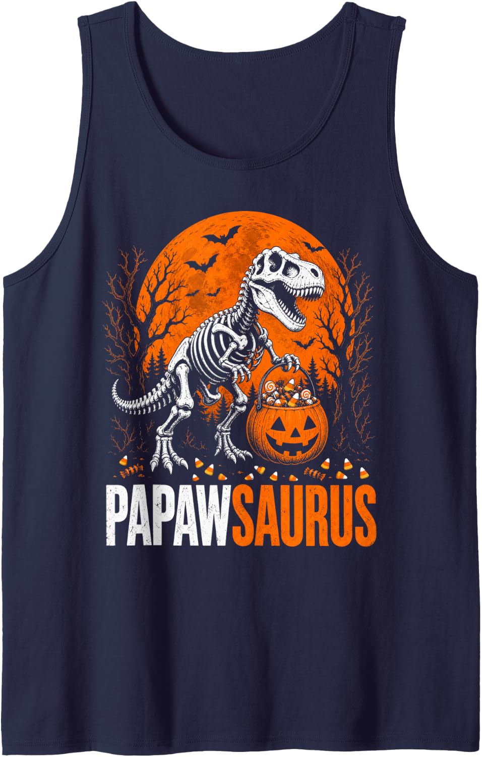 Papawsaurus Halloween Spooky T Rex Dinosaur Grandpa Men Tank Top - Navy Blue