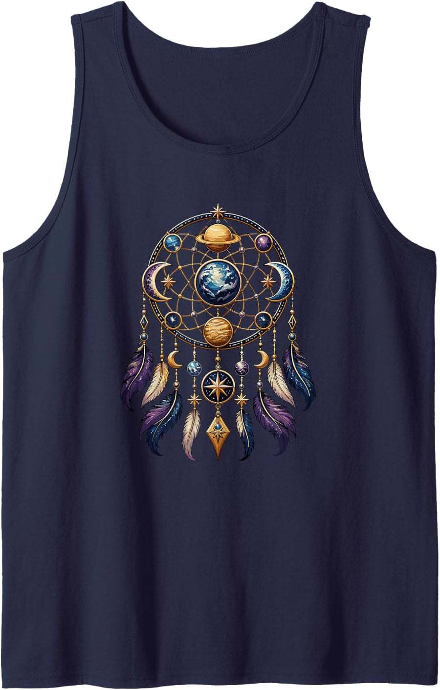 Cosmic Planet Dream Catcher Feathers Astrology Tank Top - Navy Blue