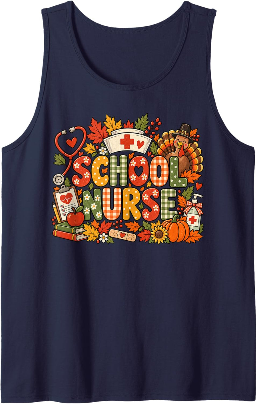 School Nurse Thanksgiving Turkey Fall Pumpkin Autumn Nursing Sleeveless Tank Top - Navy Blue
