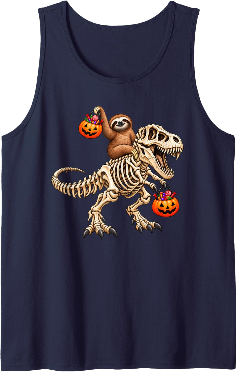 Sloth Riding Skeleton T-Rex Dinosaur Funny Halloween Sleeveless Tank Top - Navy Blue