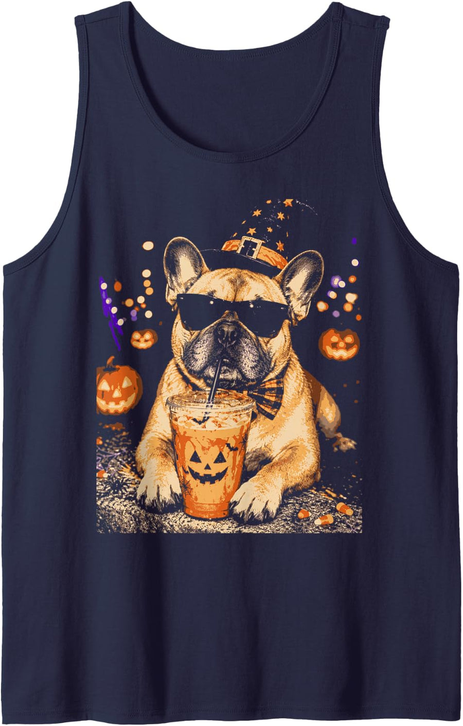 Halloween French Bulldog Sunglasses Iced Coffee Pumpkin Sleeveless Tank Top - Navy Blue