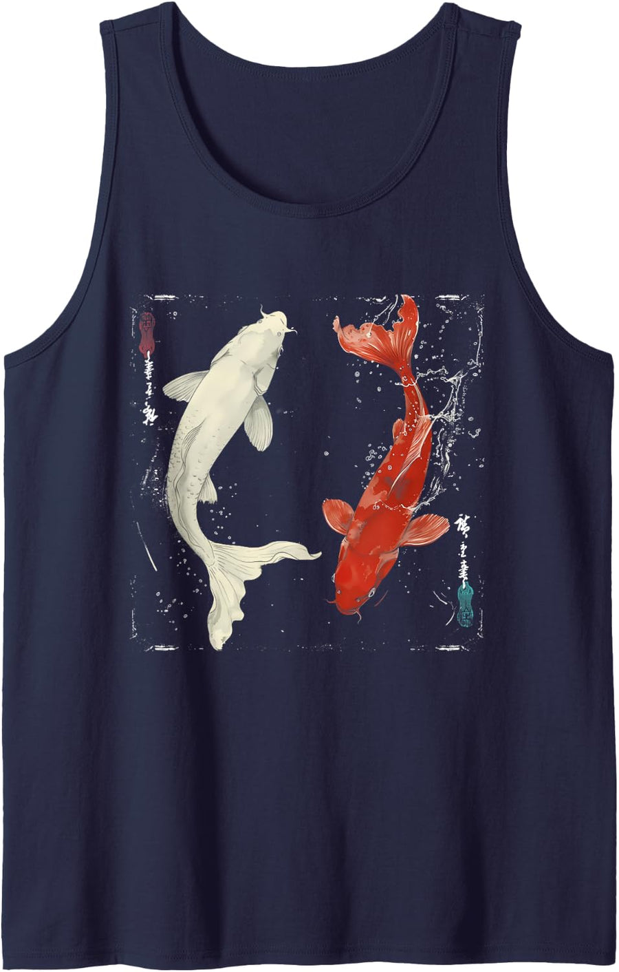 Japanese Koi Fish Art Yin Yang Pond Culture Zen Style Sleeveless Tank Top - Navy Blue