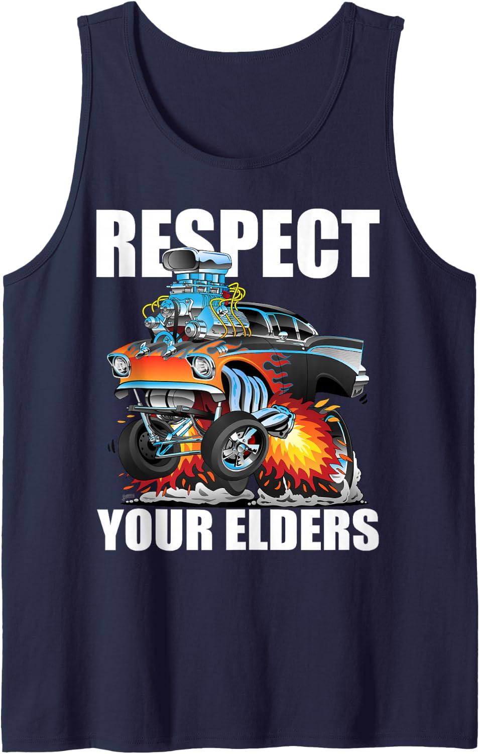 Funny Respect Your Elders Classic Hotrod Muscle Car Cartoon Tank Top - Navy Blue