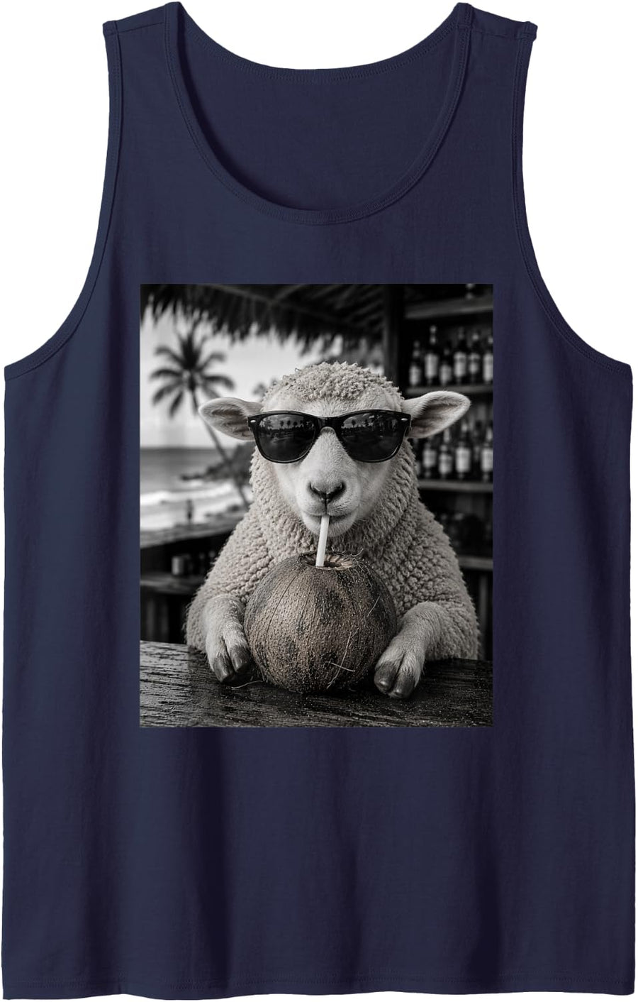 Sheep with Sunglasses and Coconut Drink Tank Top - Navy Blue