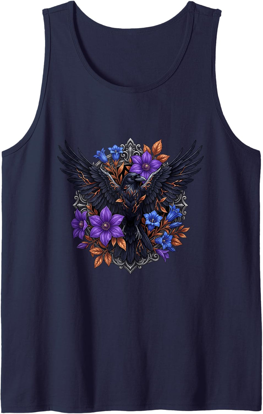 Floral Raven with Red Botanical Flowers Sleeveless Tank Top - Navy Blue