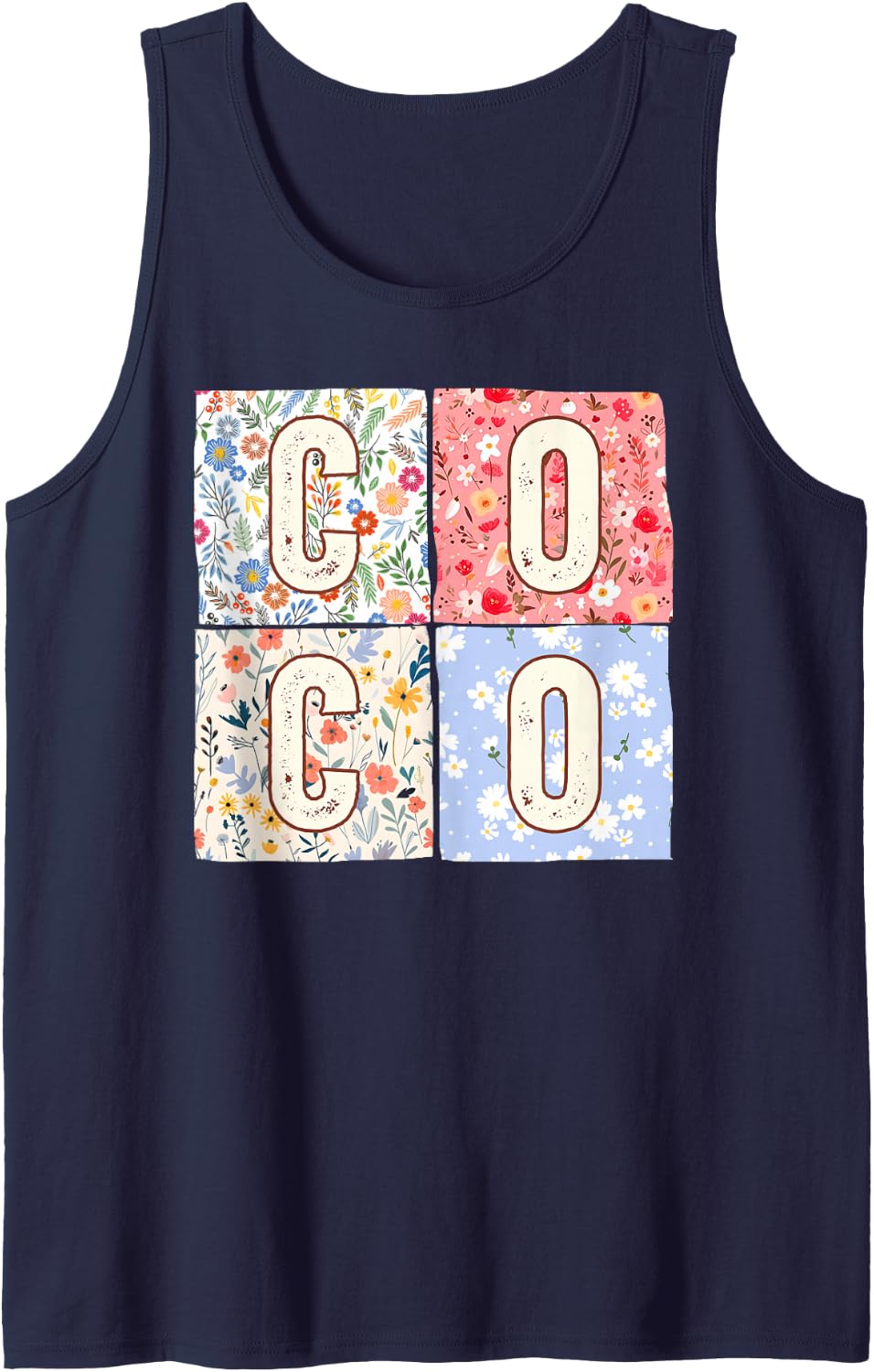Coco Grandma Mother's Day Boho Floral Flower Sleeveless Tank Top - Navy Blue