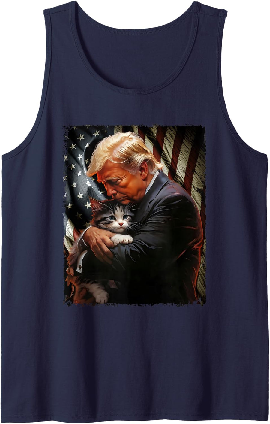 Trump Hugging an Orange Cat 2024 Make Cats Safe Again Sleeveless Tank Top - Navy Blue